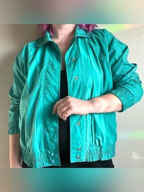 90’s Koret Francisca Petites bright teal blue lightweight snap up boxy jacket